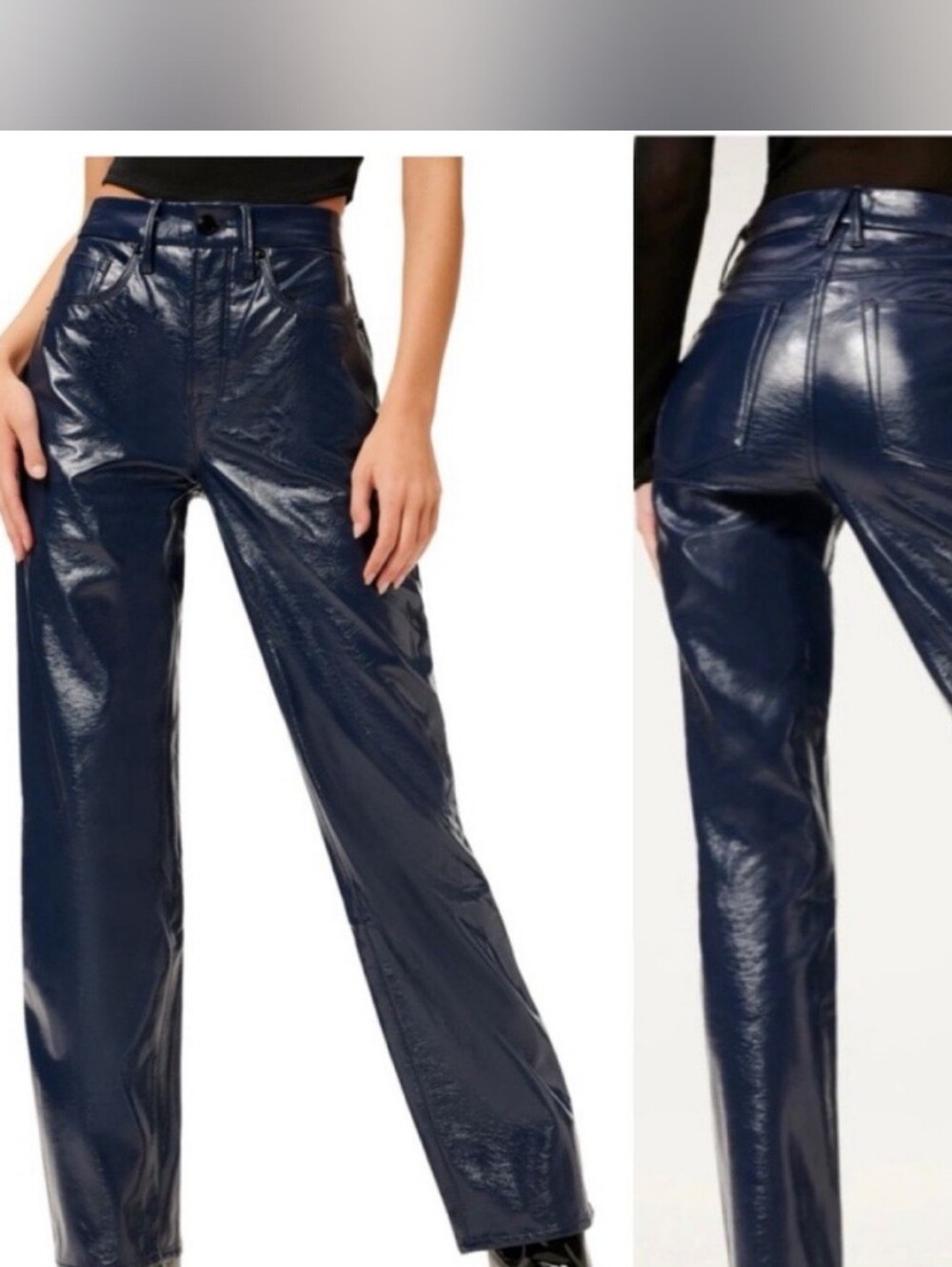 Good American Shiny Faux Leather  Navy Wide-Leg Pants Sz 4/27